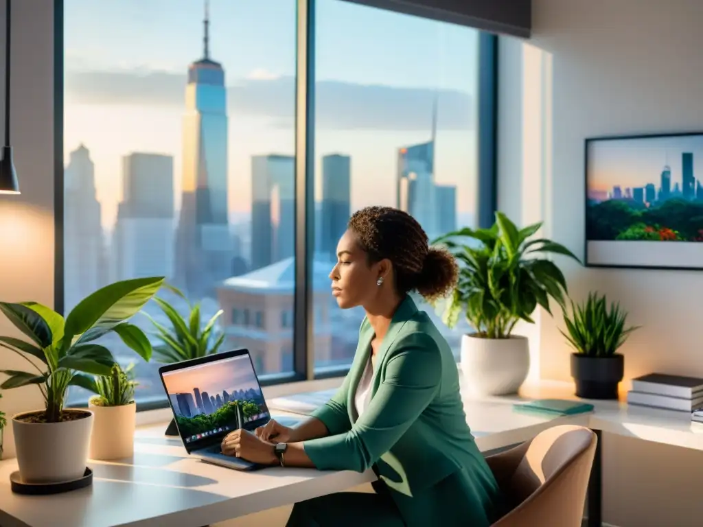 Una mujer profesional practica técnicas de respiración en una oficina tranquila con vistas a la ciudad