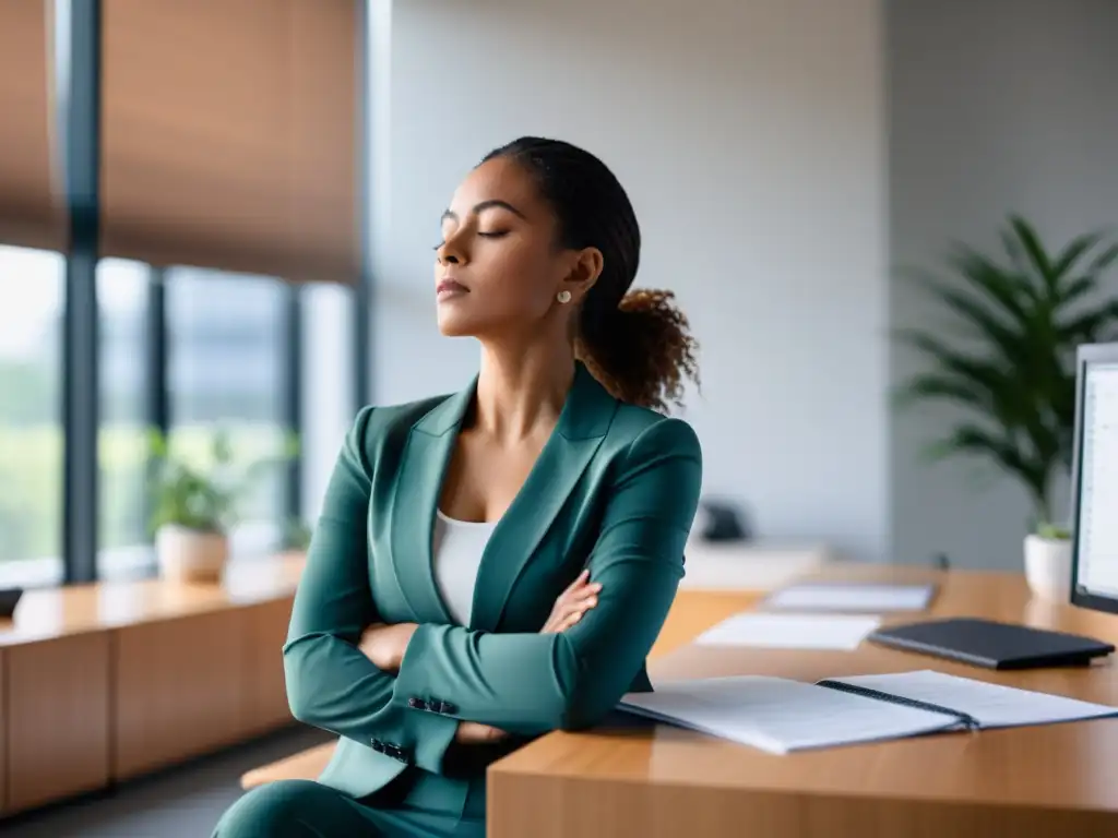 Una mujer profesional practica técnicas de respiración consciente en su moderna oficina, transmitiendo calma y confianza