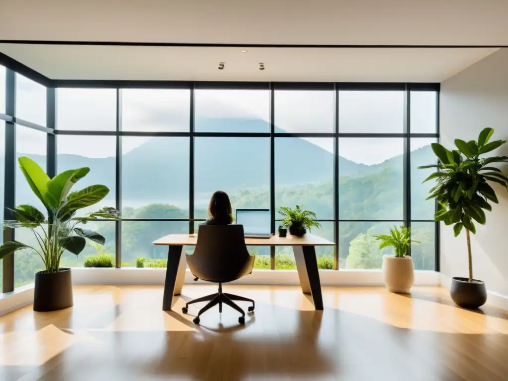 Una mujer profesional practica técnicas de respiración para reducir el estrés laboral en una oficina moderna y serena con vista a la naturaleza