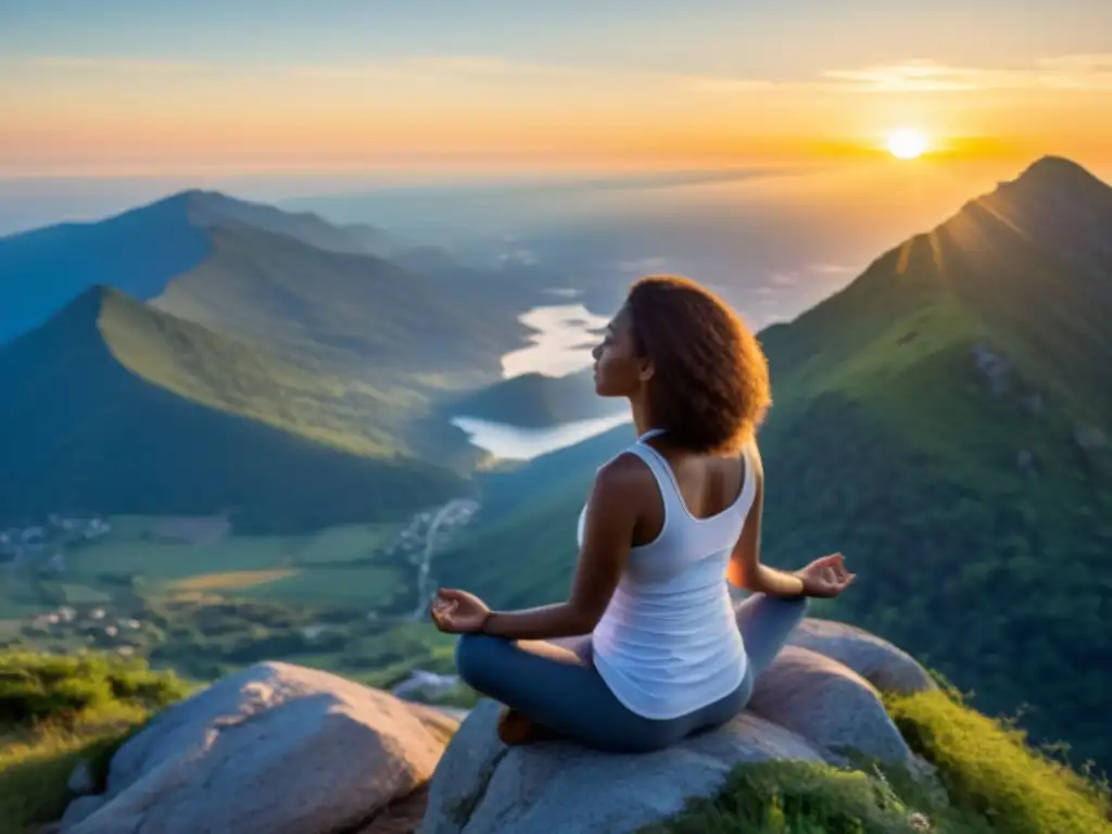 Mujer practicando respiración consciente en la cima de la montaña al amanecer, transmitiendo paz y atención plena