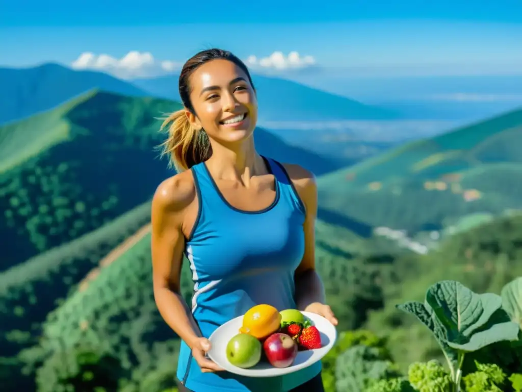 Una mujer en ropa deportiva en la cima de una montaña, con aire limpio y una dieta saludable, protección pulmonar contra contaminación