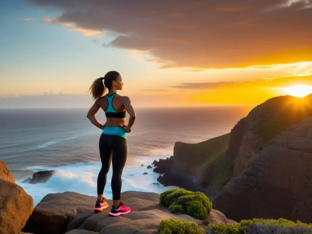 Una mujer en ropa deportiva practica HIIT con respiración consciente en un acantilado al atardecer, mejorando su entrenamiento