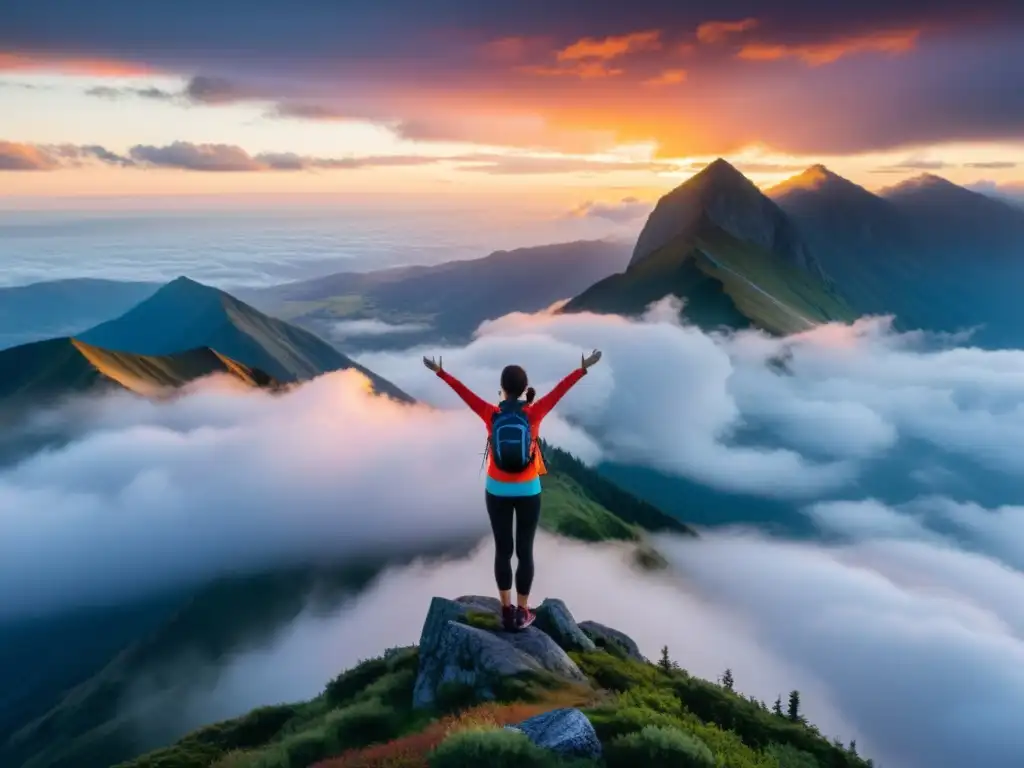 Una mujer en ropa deportiva practicando técnicas de respiración en la cima de una montaña, rodeada de nubes y con el amanecer iluminando su rostro