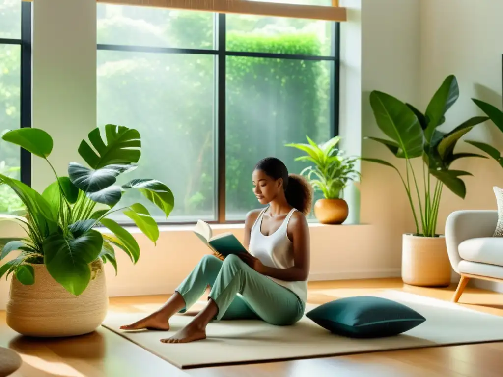 Una mujer lee tranquilamente en una sala minimalista, rodeada de plantas, con un purificador de aire moderno en segundo plano