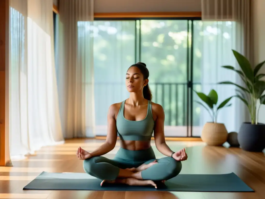 Una mujer serena practica yoga en un ambiente tranquilo