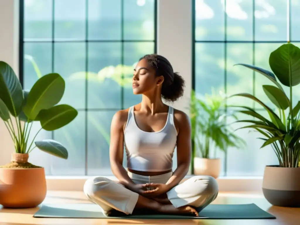 Una mujer serena practica la respiración consciente en un espacio luminoso con plantas, transmitiendo calma