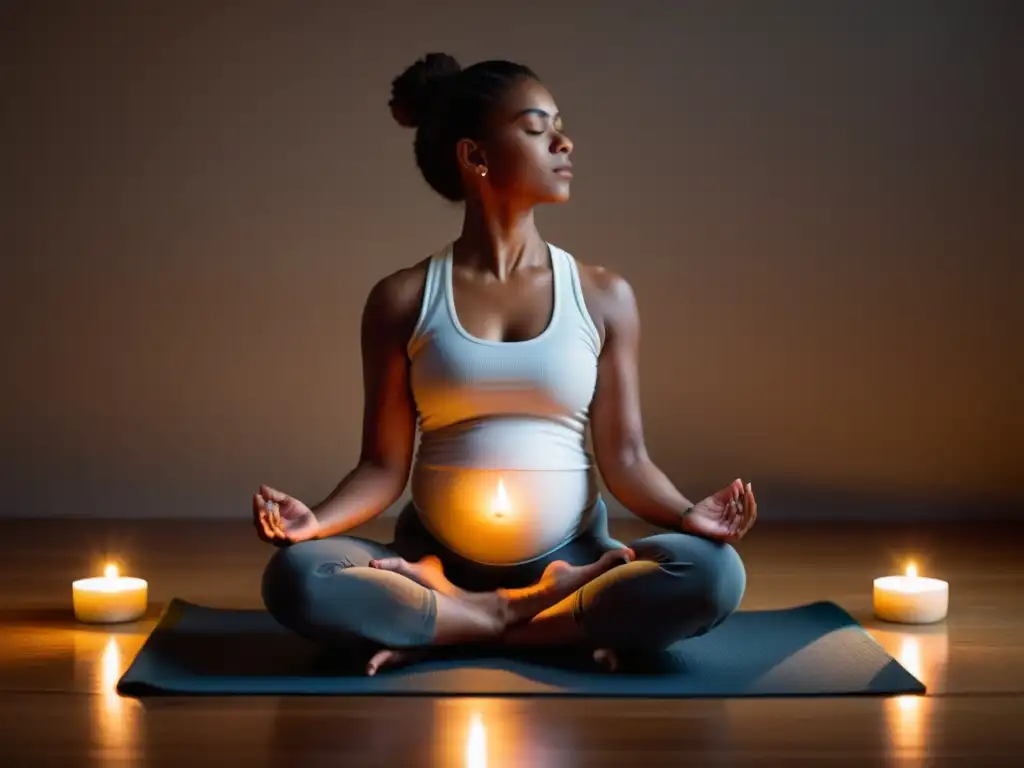Empoderamiento y serenidad: técnica de respiración durante el parto Una mujer serena practica técnicas de respiración para parto en una habitación tranquila y tenue, iluminada por una vela