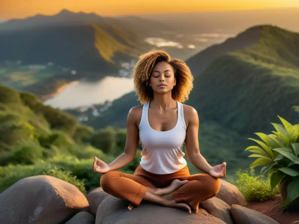 Mujer serena practicando yoga en la cima de la montaña, respirando profundamente para aliviar ansiedad