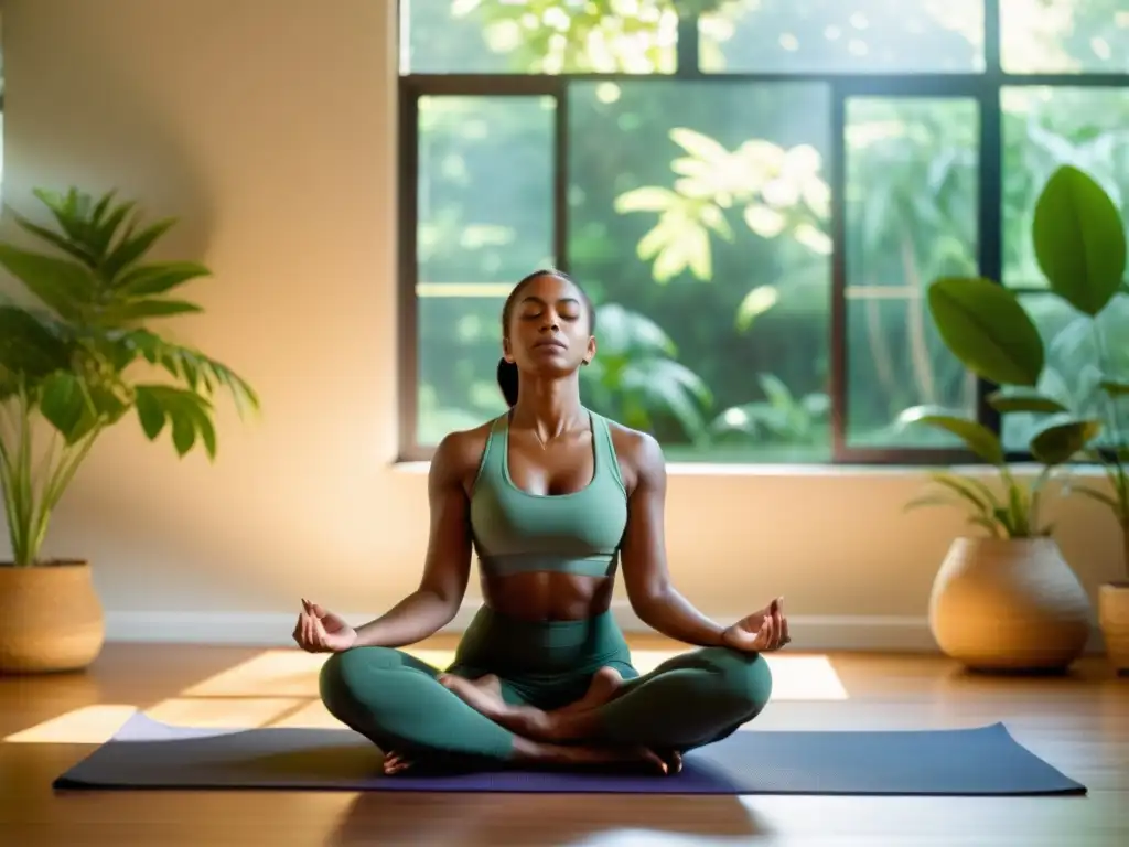 Una mujer serena practica respiración yóguica para combatir ansiedad en un estudio soleado rodeado de vegetación exuberante