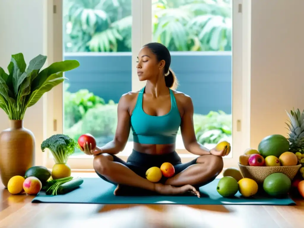 Una mujer en un tapete de yoga rodeada de frutas y verduras frescas, sosteniendo un mango maduro y hojas verdes