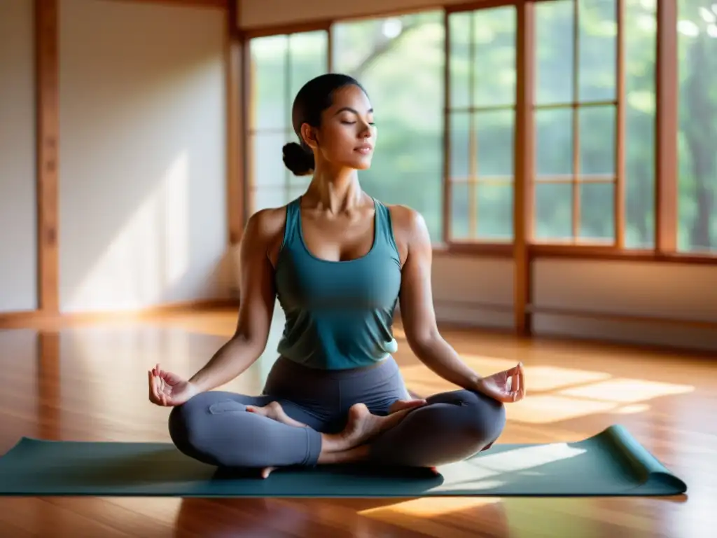 Una mujer practica técnicas de pranayama para mejorar respiración en un estudio de yoga sereno con luz natural