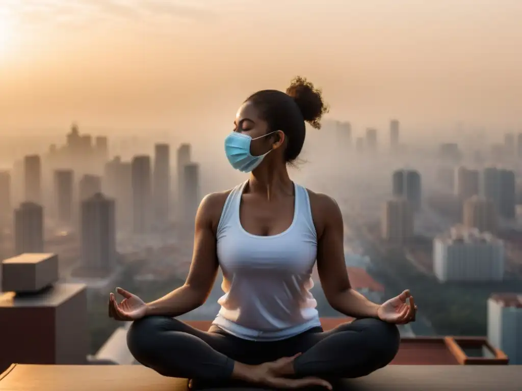 Una mujer practica técnicas de respiración consciente en medio del smog de la ciudad, promoviendo el bienestar respiratorio