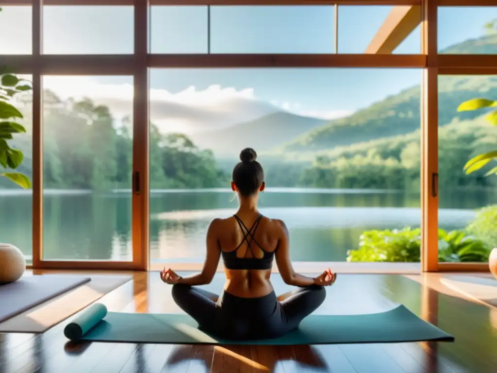 Una mujer practica técnicas de respiración consciente en un balneario moderno con vista al lago