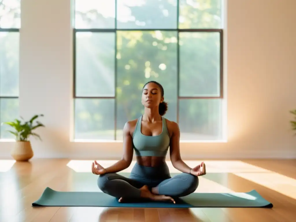 Mujer practica técnicas de respiración para yoga en un estudio luminoso y tranquilo, con los ojos cerrados y una expresión serena