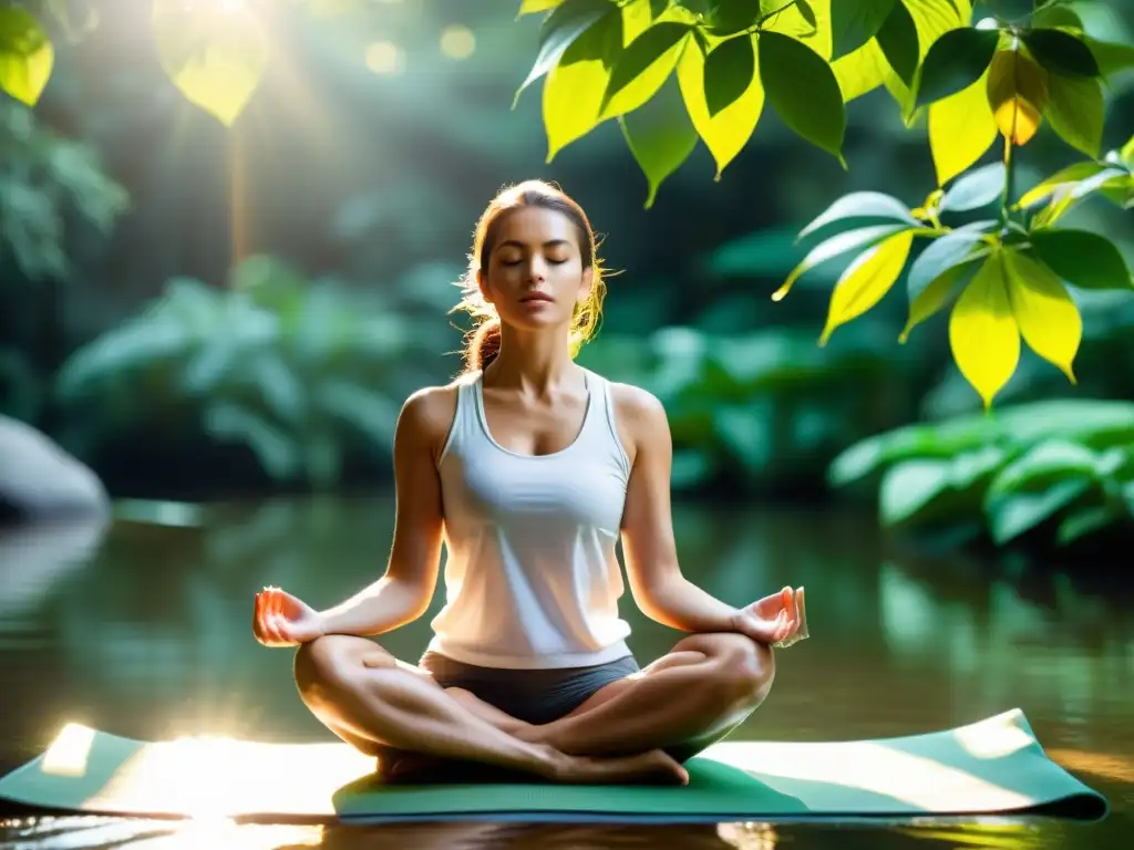 Una mujer practica técnicas para estimular el sistema inmune respirando en un entorno natural y sereno, rodeada de vegetación exuberante y agua