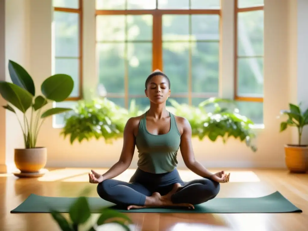 Una mujer practicando yoga en un estudio sereno y soleado, reflejando los beneficios de la respiración consciente en el yoga