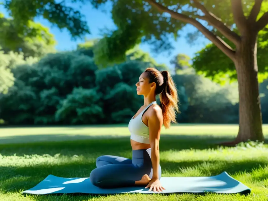 Una mujer haciendo yoga en un parque verde, respirando aire puro y disfrutando la calidad del entorno natural