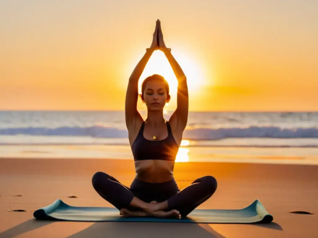 Mujer practicando yoga al amanecer en la playa, con el mar de fondo y el sol creando un cálido resplandor dorado