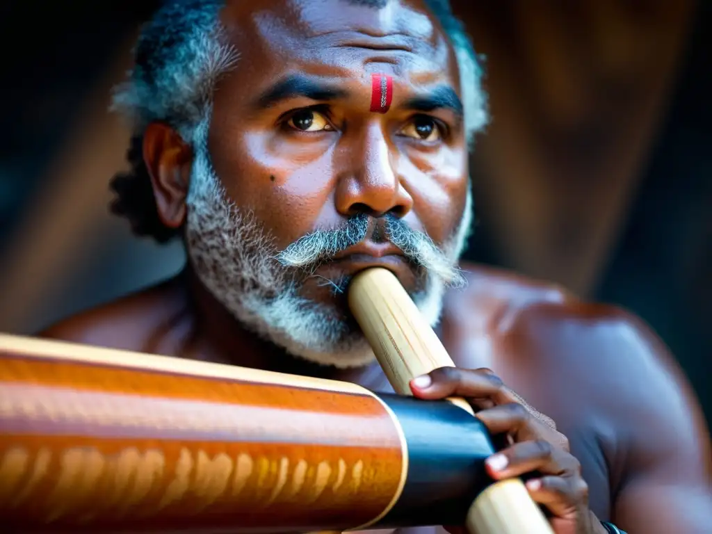 Un músico aborigen australiano toca el didgeridoo, mostrando la técnica ancestral de respiración y la conexión espiritual con la música