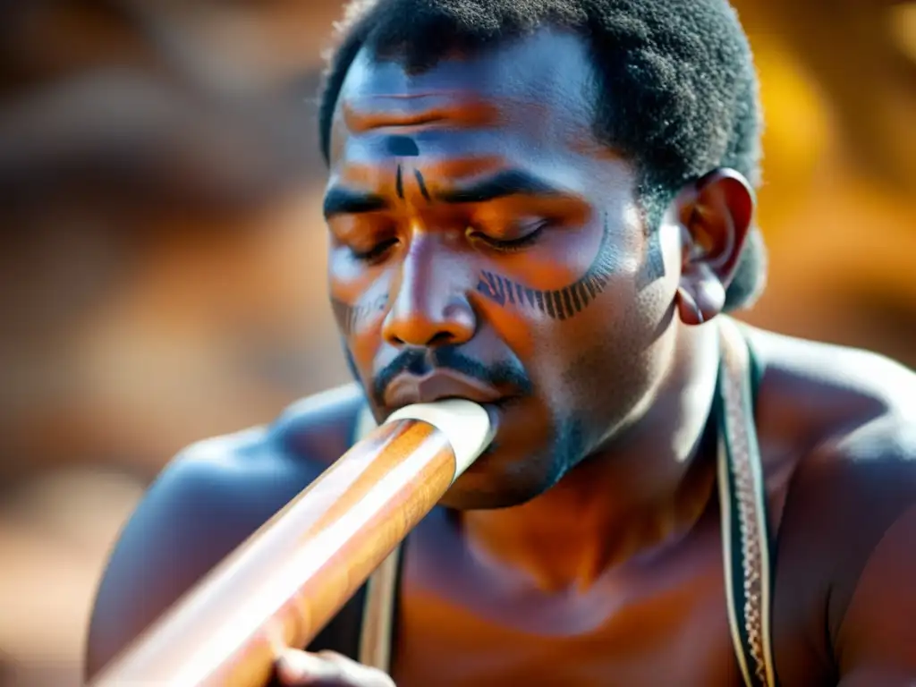 Retrato detallado: Aborigen tocando el didgeridoo Un músico aborigen australiano tocando el didgeridoo, mostrando concentración y destreza