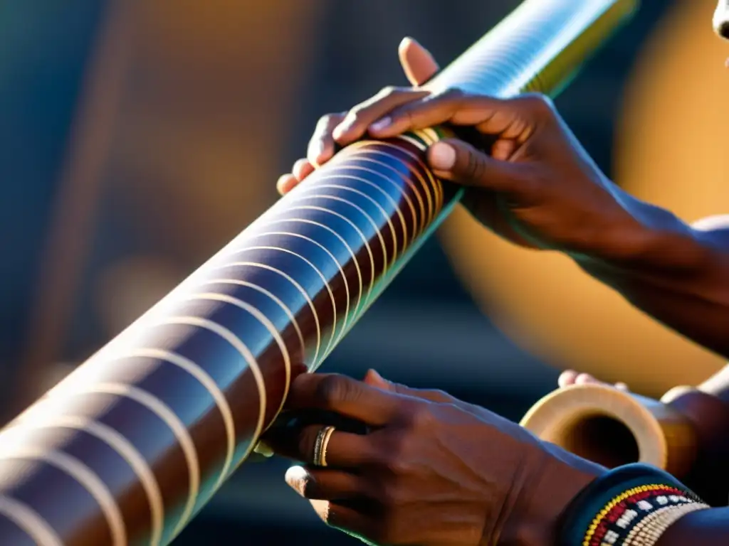 Un músico aborigen australiano toca el didgeridoo, mostrando la técnica ancestral de respiración