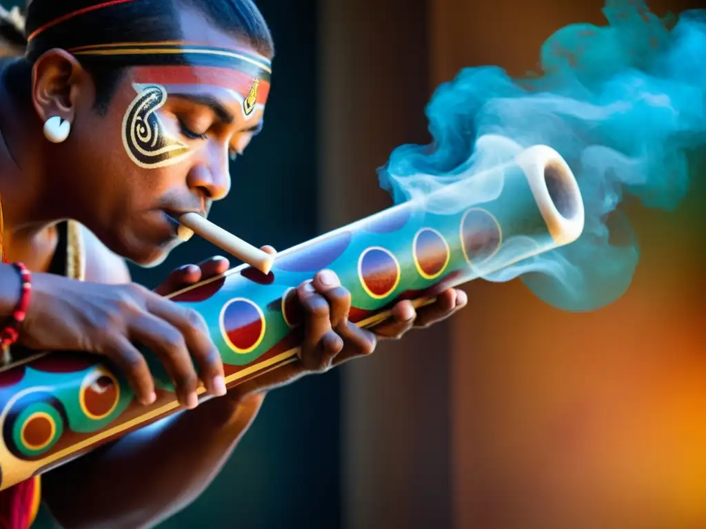Maestro aborigen: didgeridoo en acción Un músico aborigen australiano toca un didgeridoo, con patrones e intensidad, resaltando la tradición antigua y el contexto contemporáneo