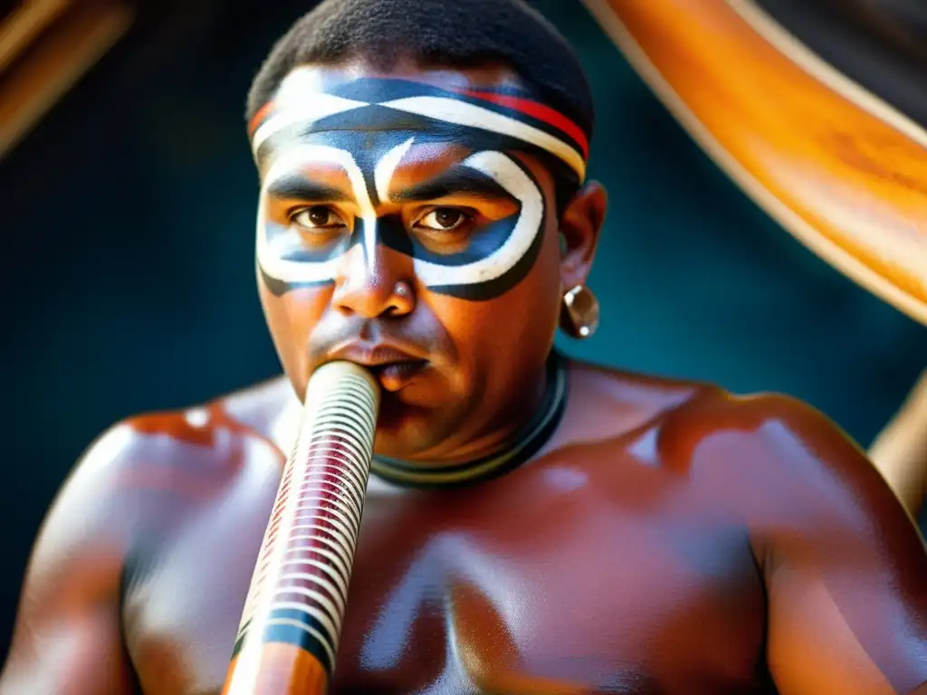Maestro del didgeridoo: tradición y conexión cultural Un músico aborigen australiano toca el didgeridoo, con detalles de la pintura corporal y la madera del instrumento