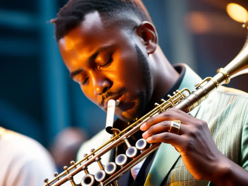 Un músico tocando un instrumento de viento, con énfasis en la expresión facial y la importancia de la respiración en música