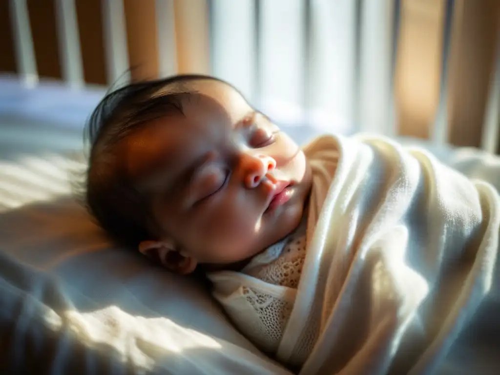 Un bebé recién nacido duerme en paz en su cuna, con luz suave filtrándose a través de la cortina, creando sombras delicadas