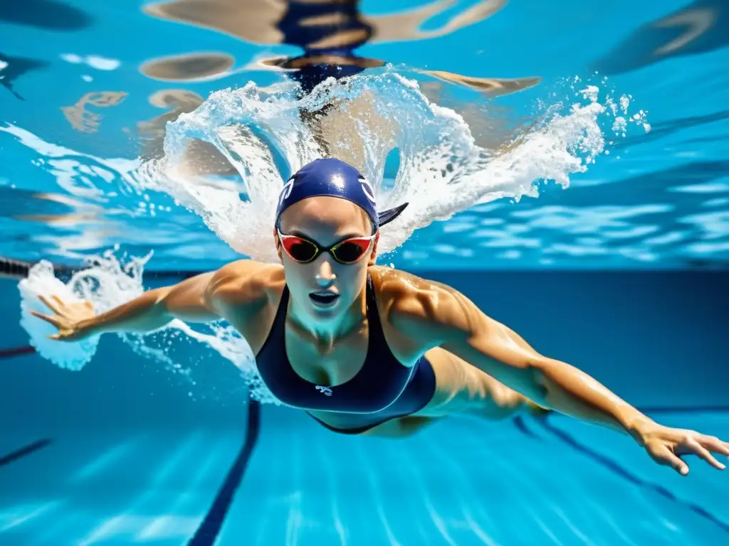 Nadador en acción: dominio y determinación en la piscina Un nadador ejecutando un impecable estilo libre, con una expresión de determinación en su rostro