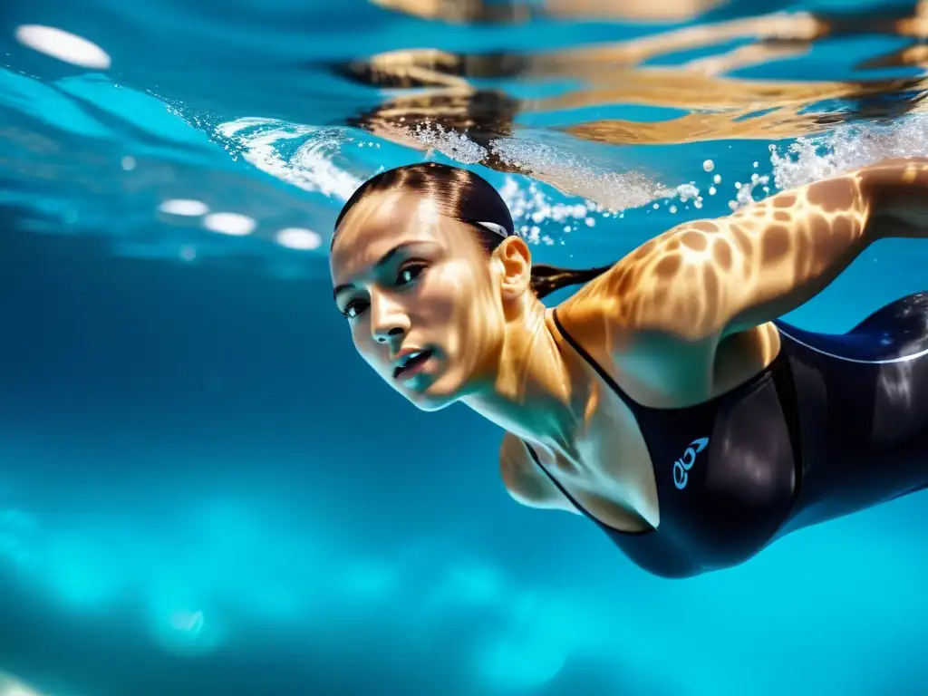 Un nadador olímpico se desliza con elegancia y poder a través del agua cristalina, revelando patrones de respiración natación eficiente