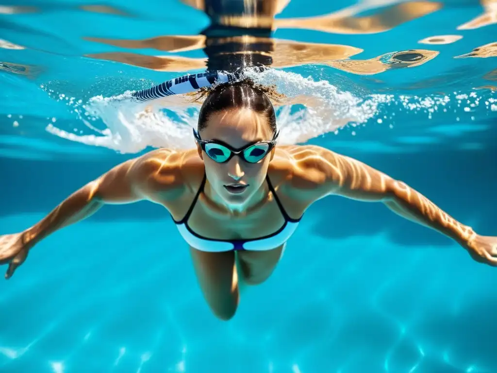 Un nadador olímpico se desliza con gracia a través de aguas cristalinas, mostrando patrones de respiración natación eficiente en su postura y movimientos fluidos