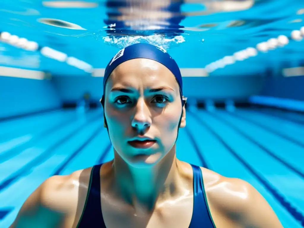 Un nadador profesional en una piscina moderna, controlando su respiración con determinación y habilidad