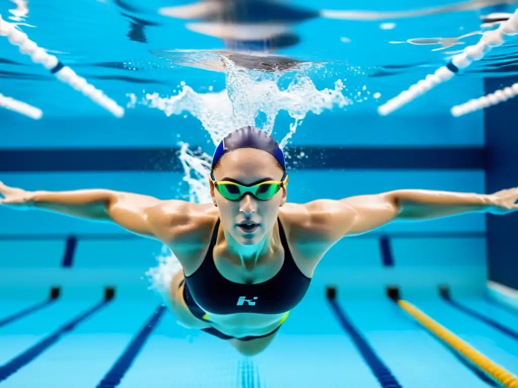 Nadador profesional en una piscina moderna, muestra la técnica perfecta para patrones de respiración natación eficiente