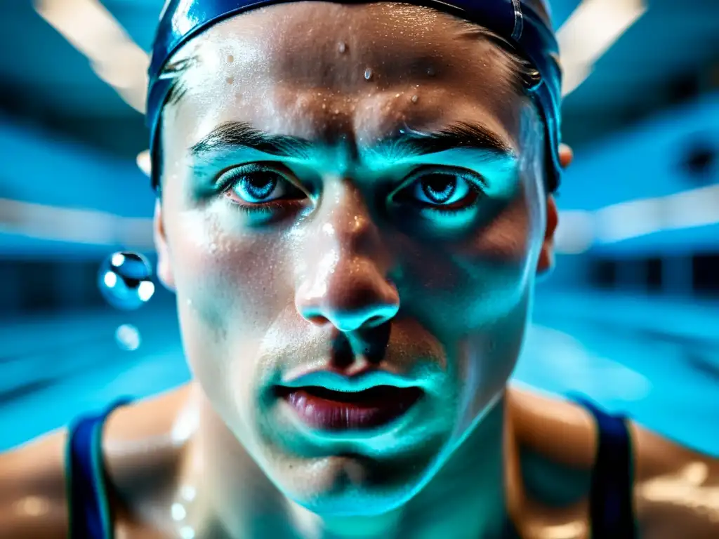 Un nadador profesional toma una poderosa bocanada, con determinación en sus ojos