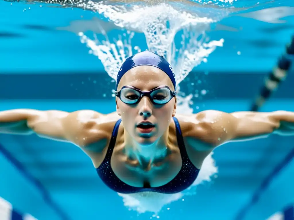 Swimmer determinado con técnica de respiración Un nadador profesional ejecuta la técnica perfecta de respiración al nadar estilo libre, mostrando determinación y enfoque