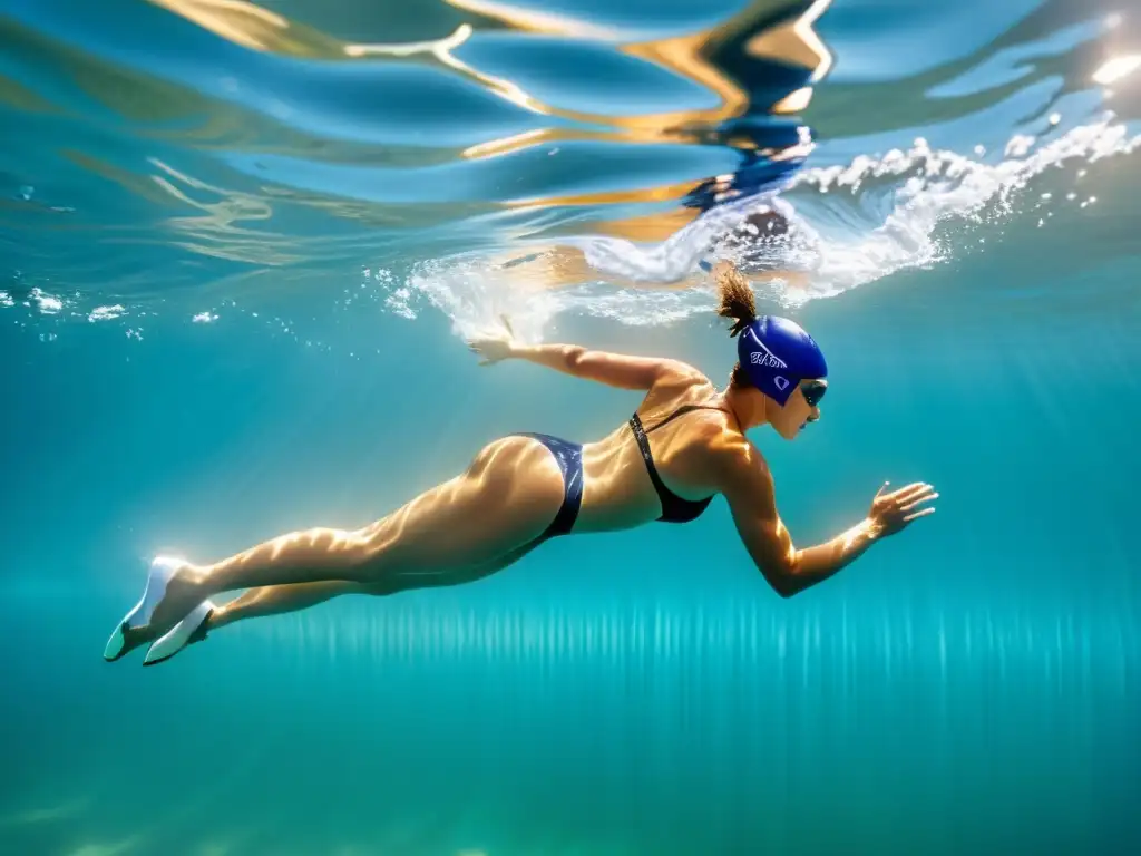 Un nadador se desliza a través de aguas cristalinas, toma una profunda y controlada respiración