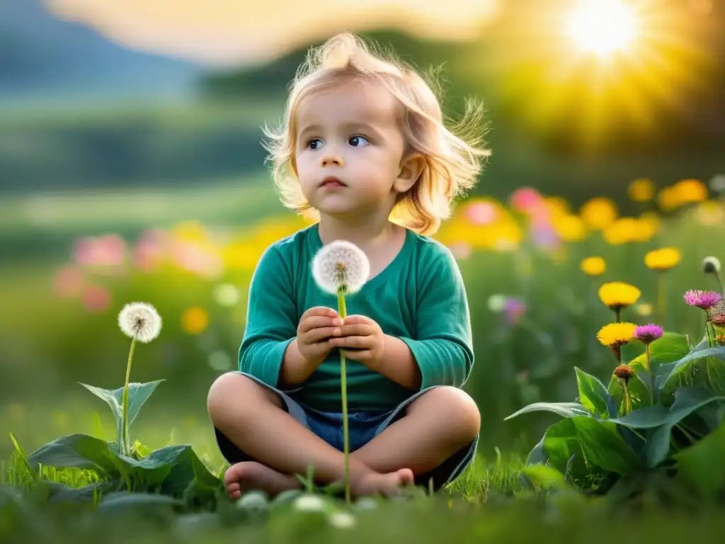 Niño disfrutando de la naturaleza, practicando respiración diafragmática entre flores silvestres en un campo verde exuberante