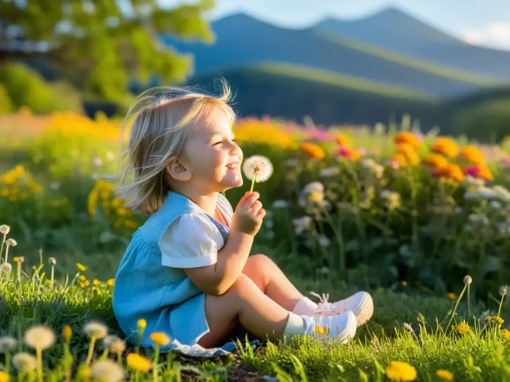 Niño disfrutando de la naturaleza, soplándole a un diente de león entre flores silvestres