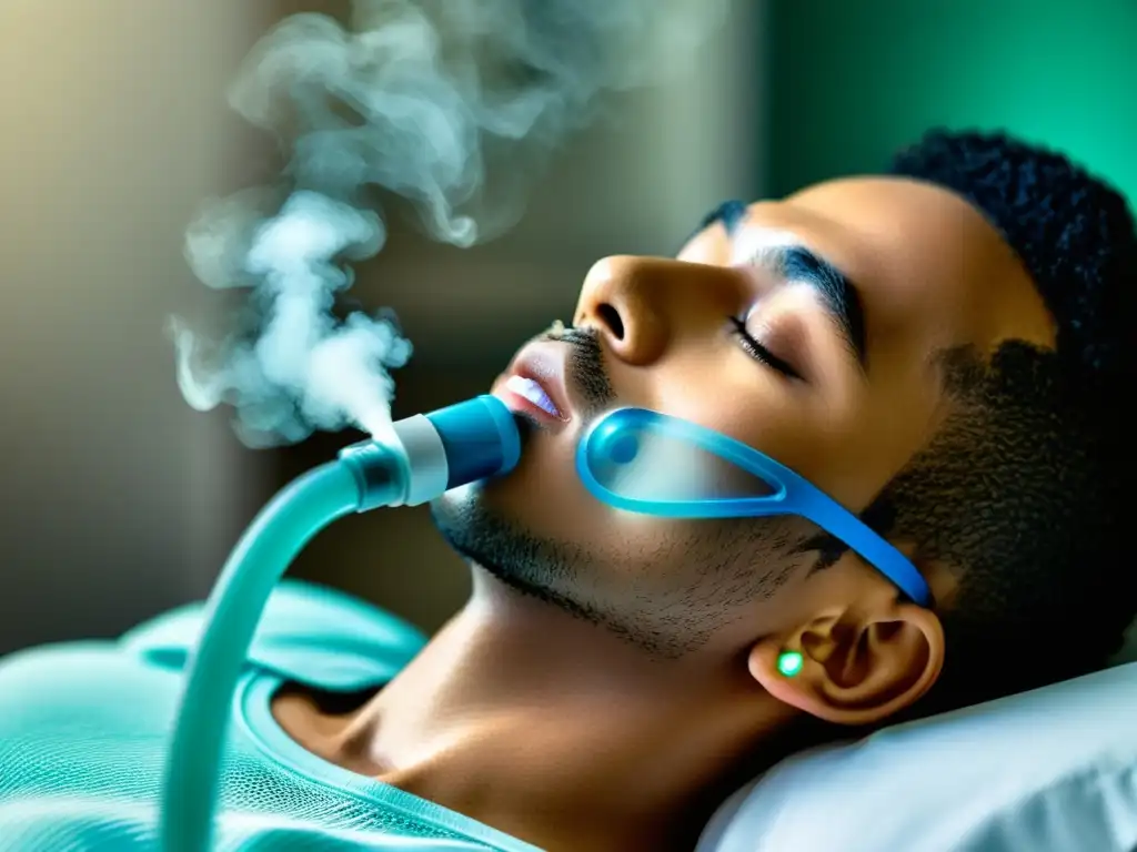 Un nebulizador moderno emitiendo una fina niebla de medicación respiratoria a un paciente, transmitiendo beneficios en enfermedades respiratorias