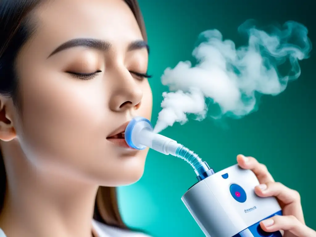 Un nebulizador moderno emite un fino vapor de medicamento mientras una persona lo usa, destacando los beneficios para enfermedades respiratorias