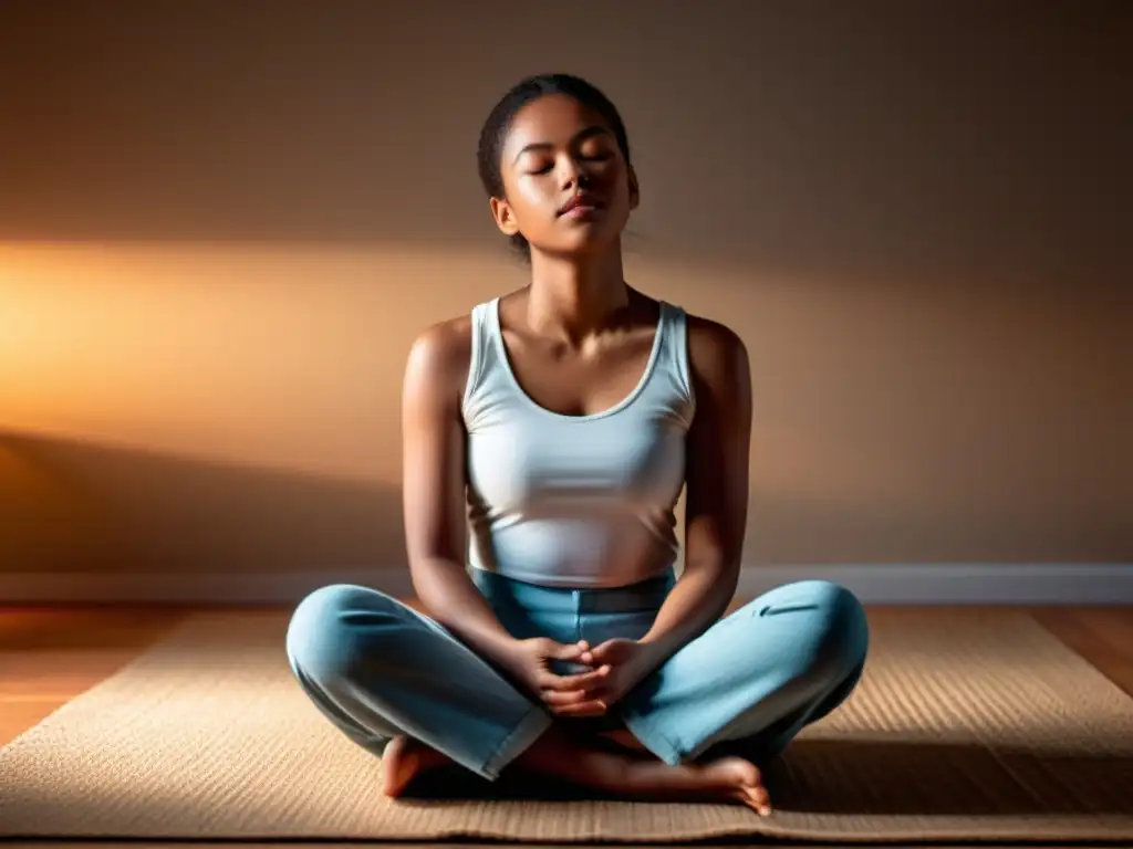 Niño en calma practicando respiración adecuada para mejorar concentración, con luz suave iluminando la habitación