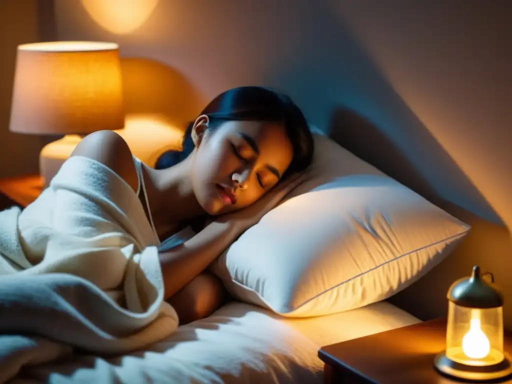 Un niño duerme plácidamente en la cama, rodeado de almohadas y mantas suaves en una habitación cálidamente iluminada por una lámpara de noche