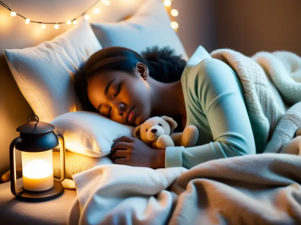 Un niño duerme plácidamente en su cama, rodeado de tranquilidad y confort