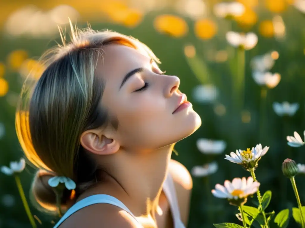 Niño respirando profundamente en un campo de flores, transmitiendo paz y salud