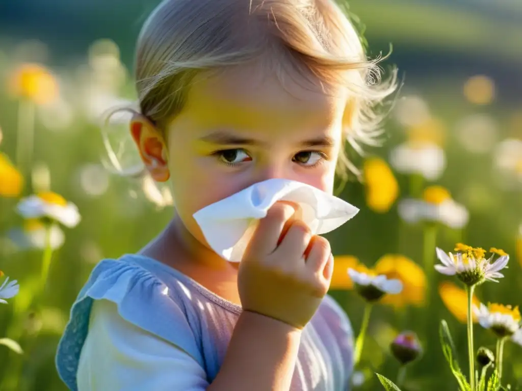 Un niño en un campo soleado rodeado de flores silvestres, con una expresión serena y sosteniendo un pañuelo