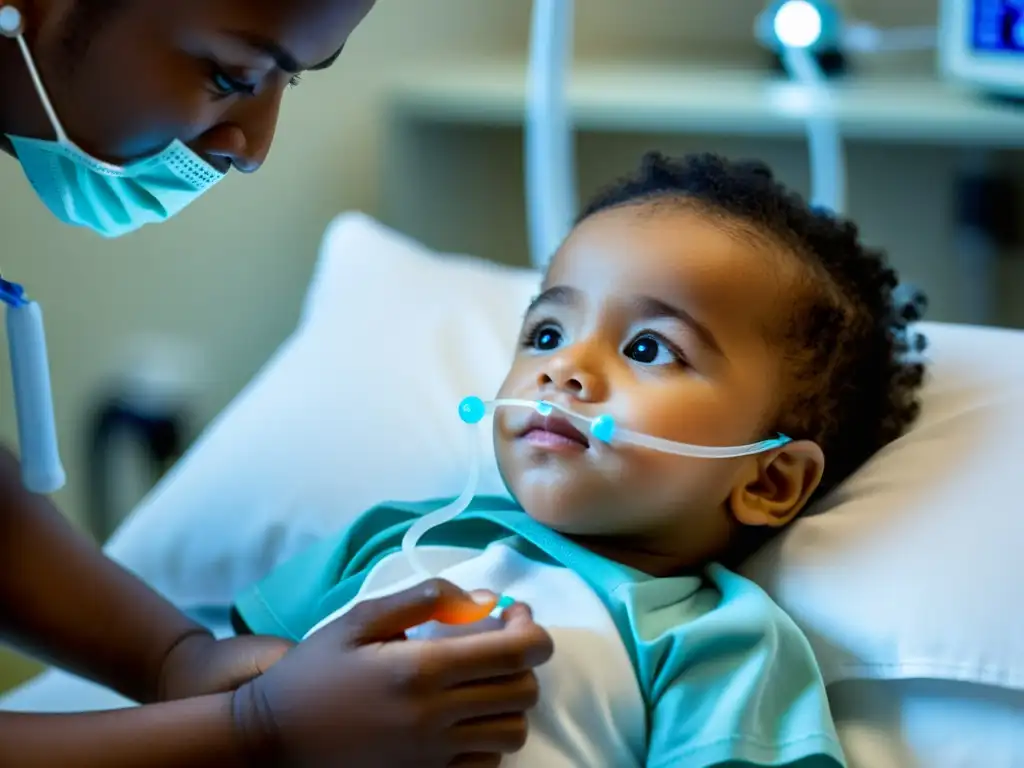 Niño con cánula nasal en tratamiento de desarrollo respiratorio, rodeado de equipo médico en hospital iluminado