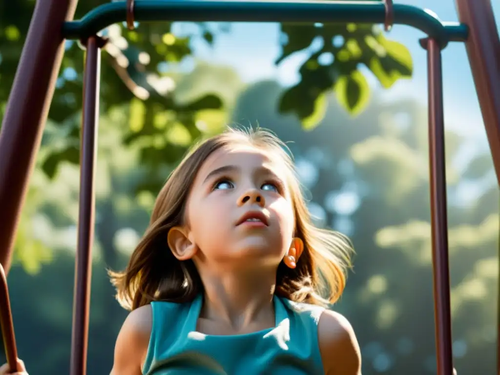 Niño en columpio, mirando al cielo con expresión preocupada