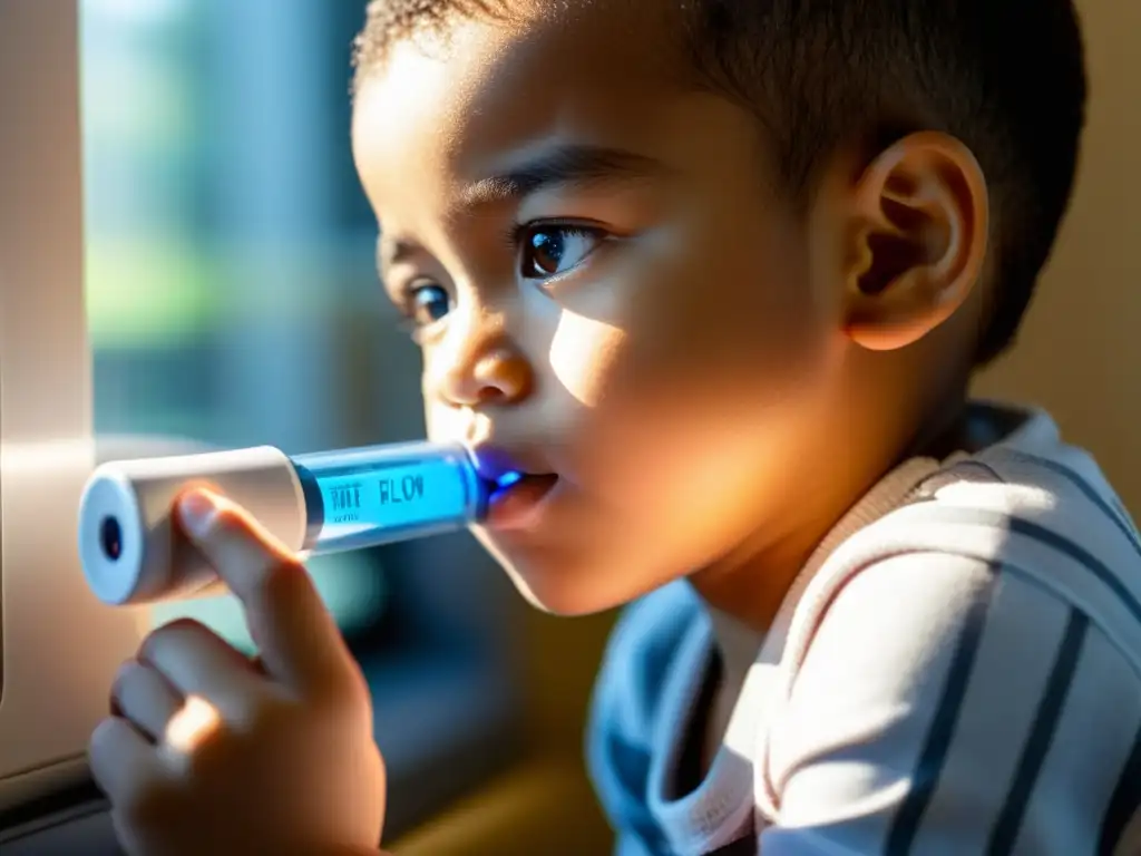 Un niño concentrado usa un medidor de flujo máximo