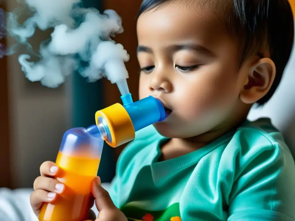 Un niño concentrado usa un nebulizador, con el medicamento creando un halo de neblina